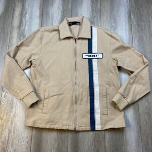 Lost Enterprises Racing Jacket Mens Medium Tan Blue Stripe Full Zip Mechanic Men